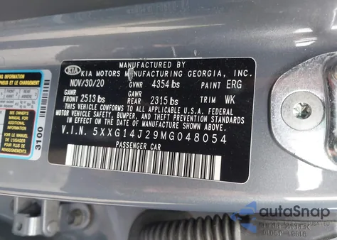 2021 Kia K5 Lxs from USA, damaged, VIN 5XXG14J29MG048054